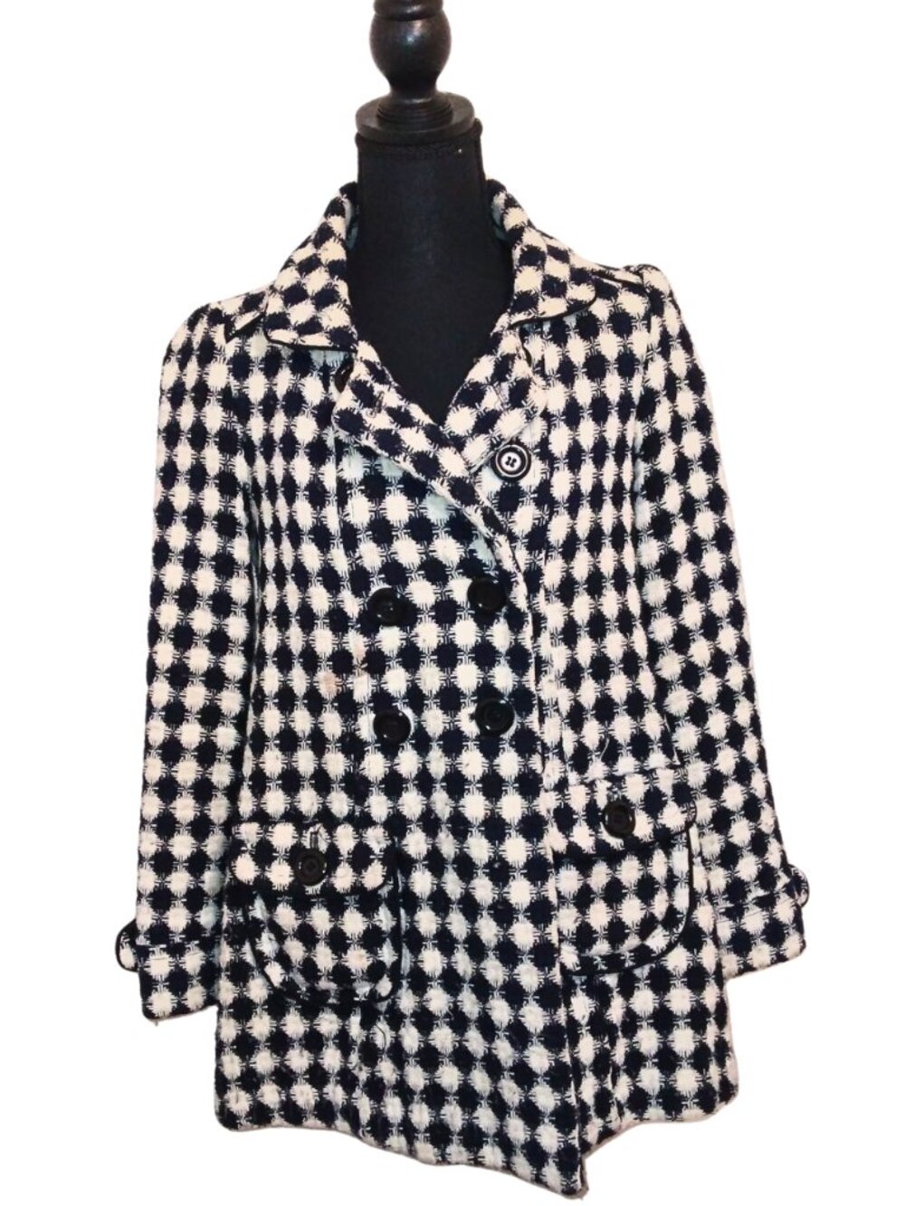 FOREVER 21 WOMEN'S BLACK & WHITE DOUBLE BREASTED DIAMOND PRINT PEACOAT